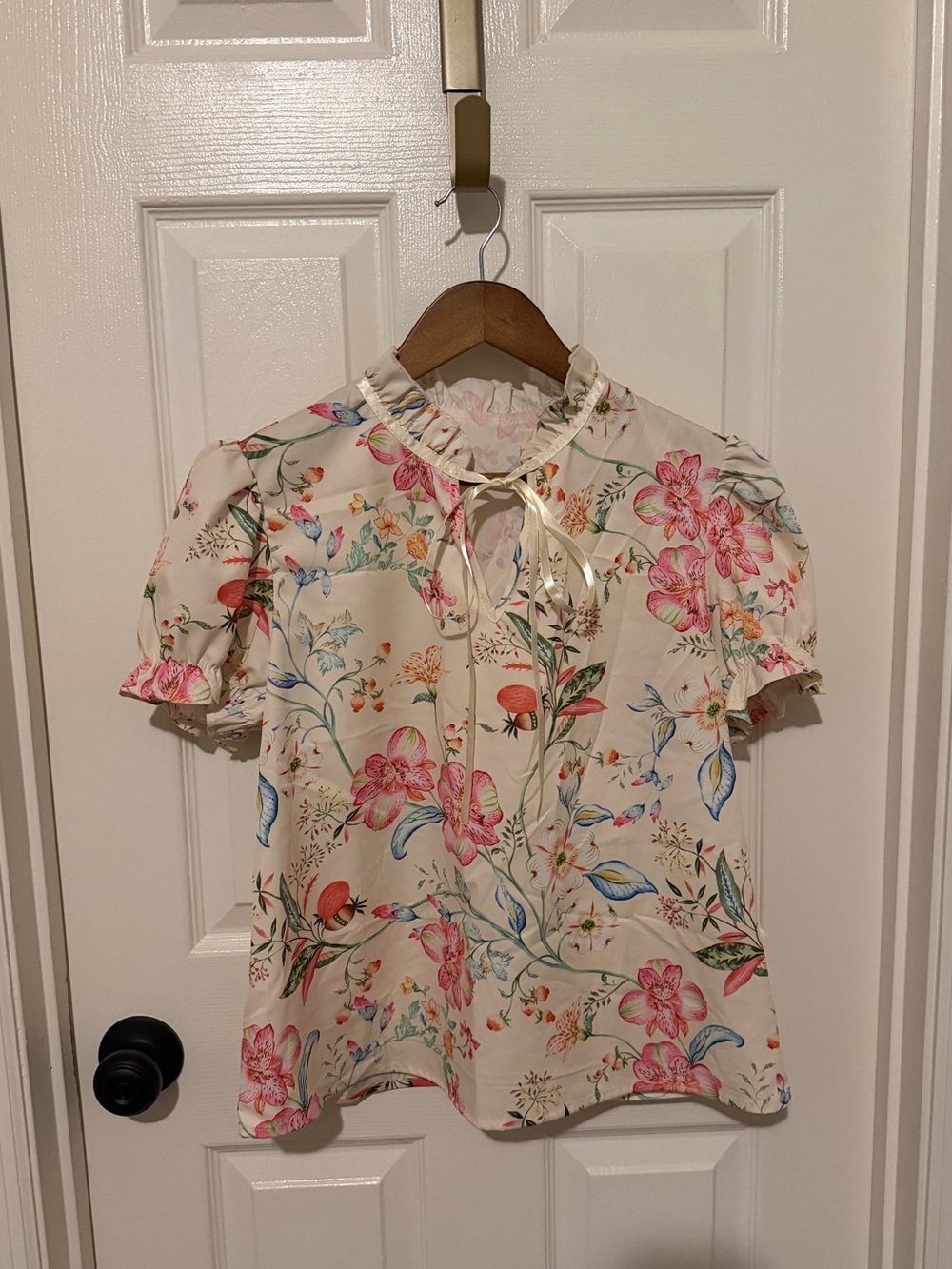 SHEIN Cream Floral Ruffle Tie-Neck Blouse with Pink & Blue Flowers